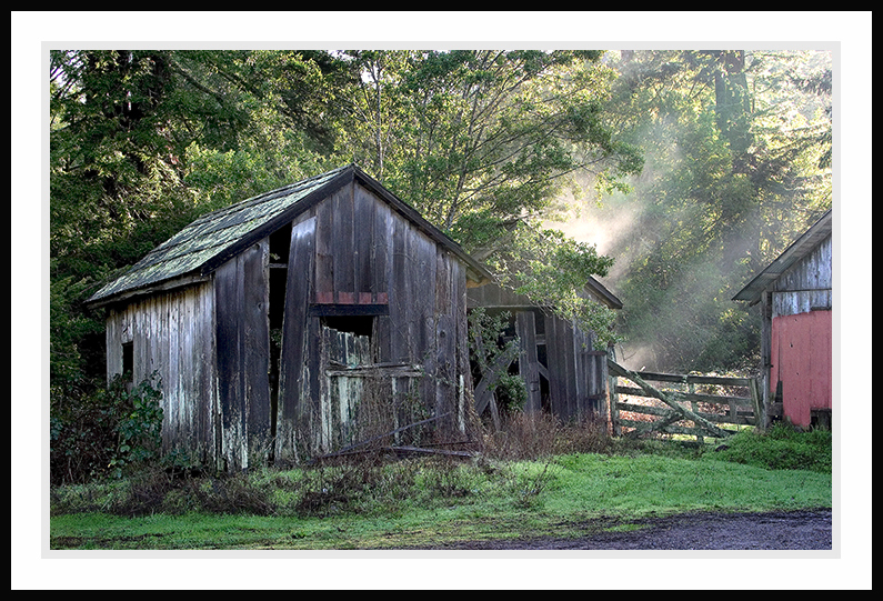 Early morning view of a barn.